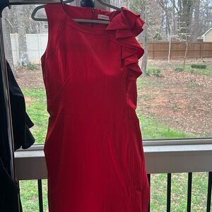 Calvin Klein Red One-Shoulder Ruffle Sheath Dress